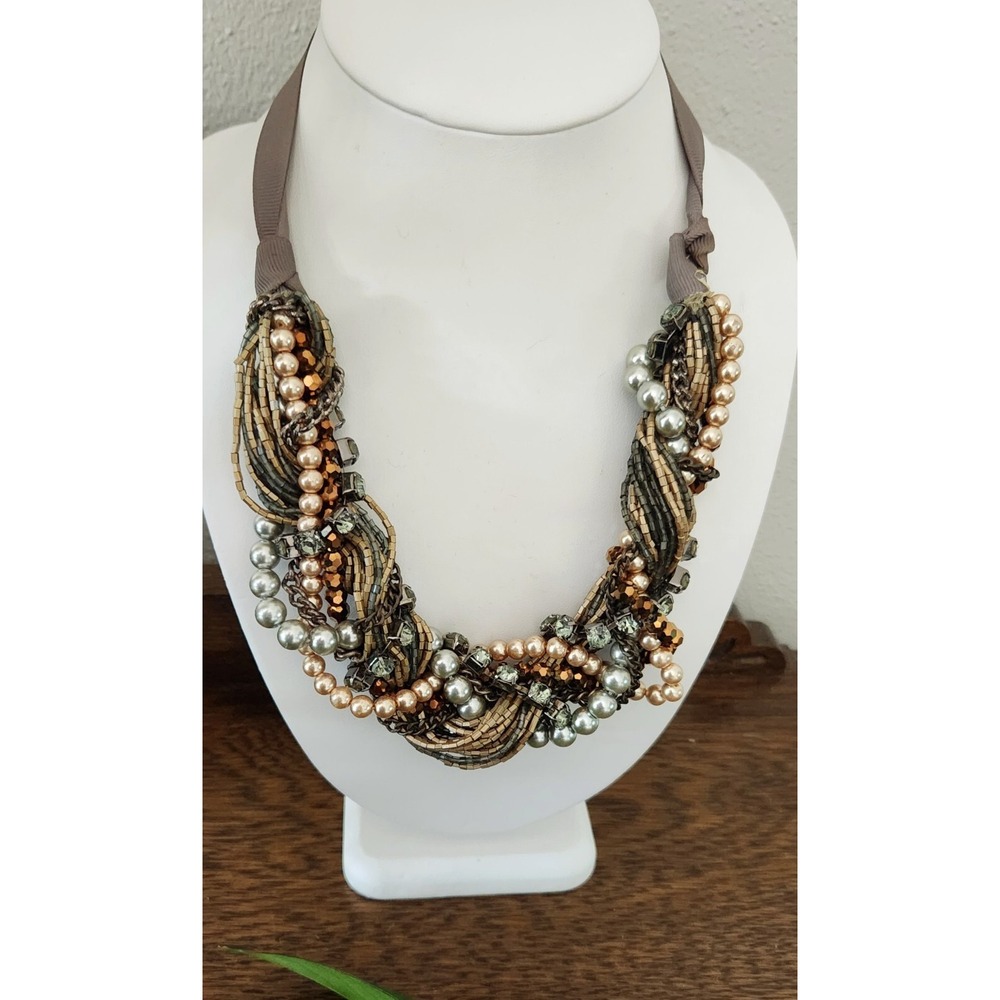 BCBG Chunky Rhinestone Chain Braided Metallic Gold Silver Adjustable Necklace‎